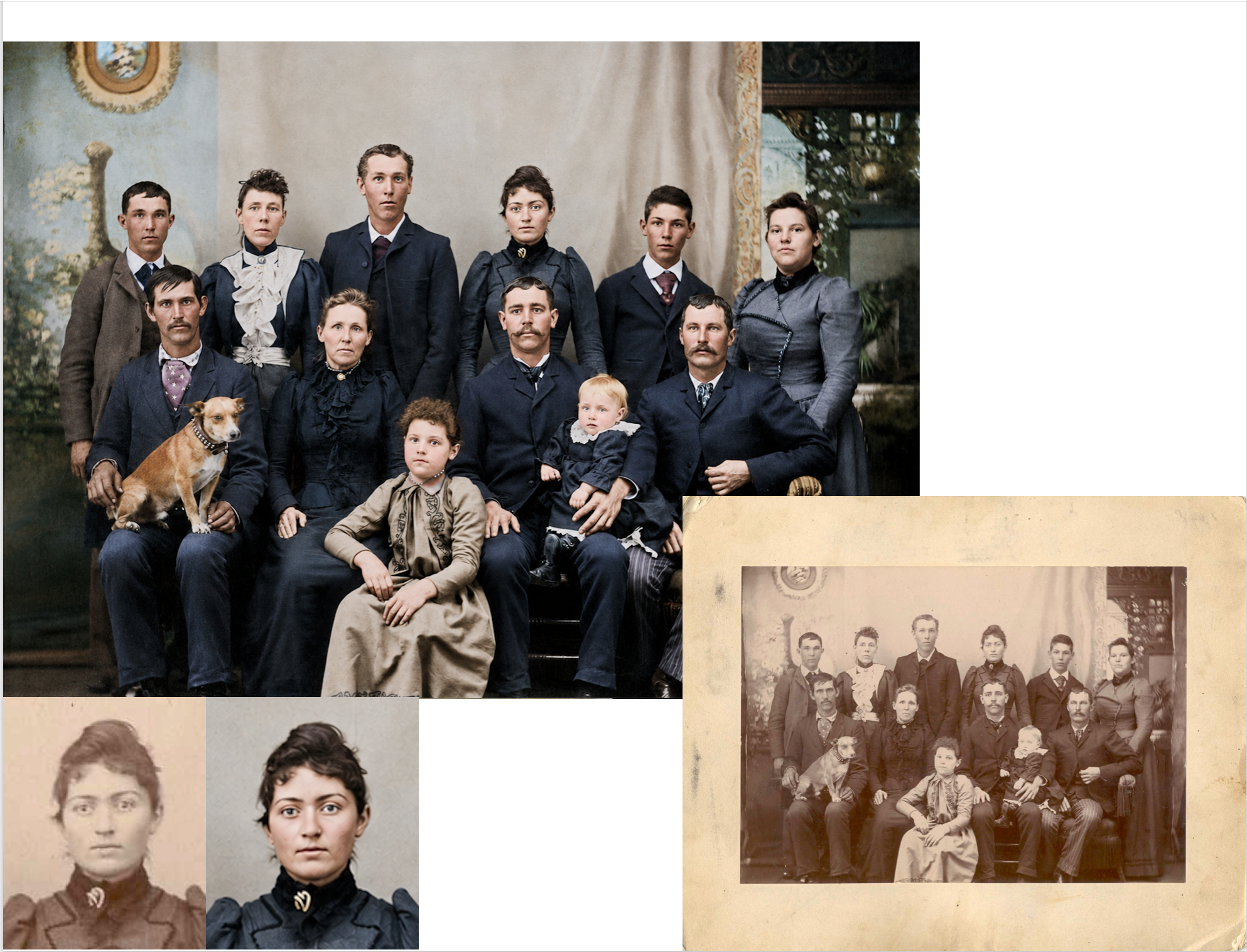 Family portrait restoration example showing the restored group, original sepia print, and before-and-after portrait details