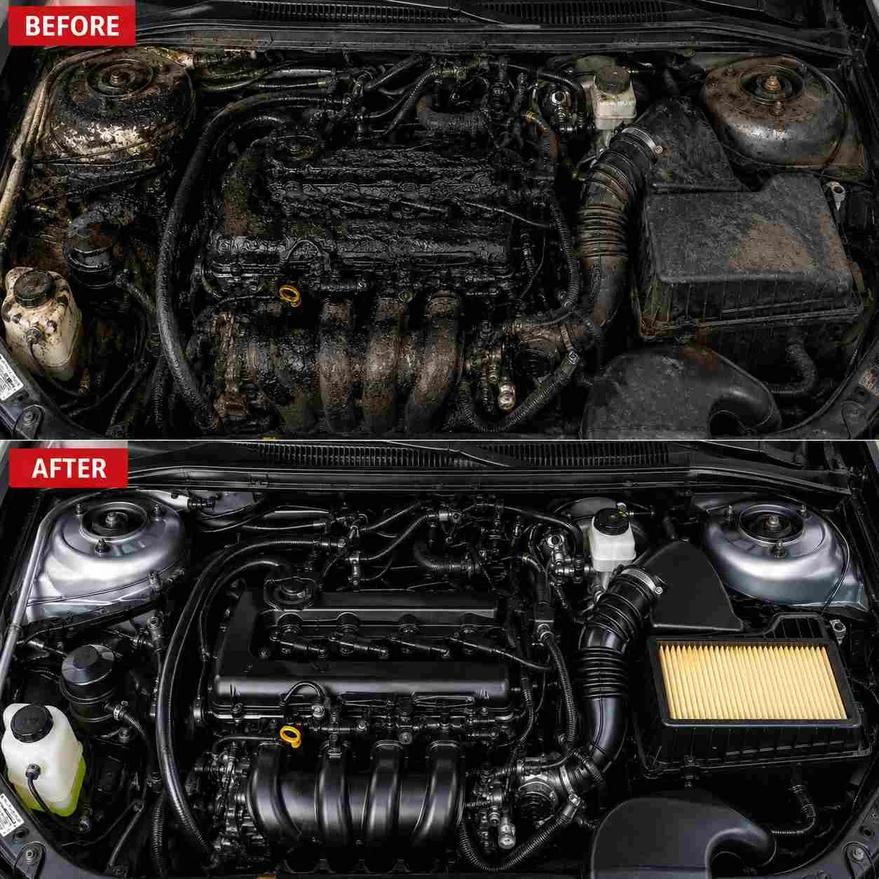 Greasy engine bay cleaned