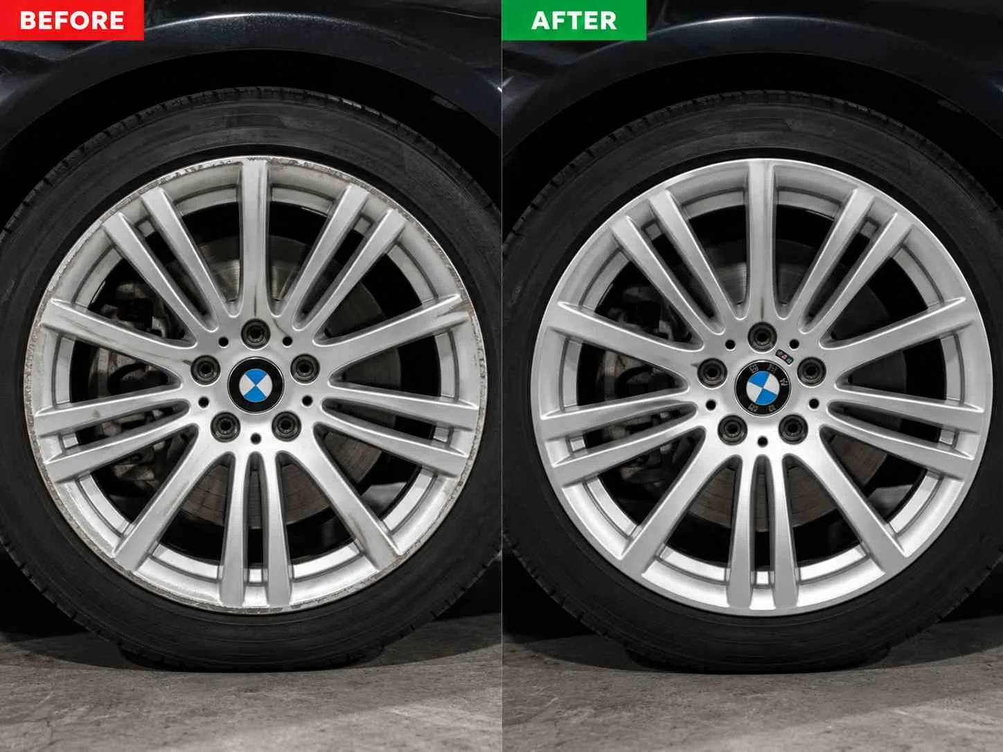 Alloy wheel refinish before and after