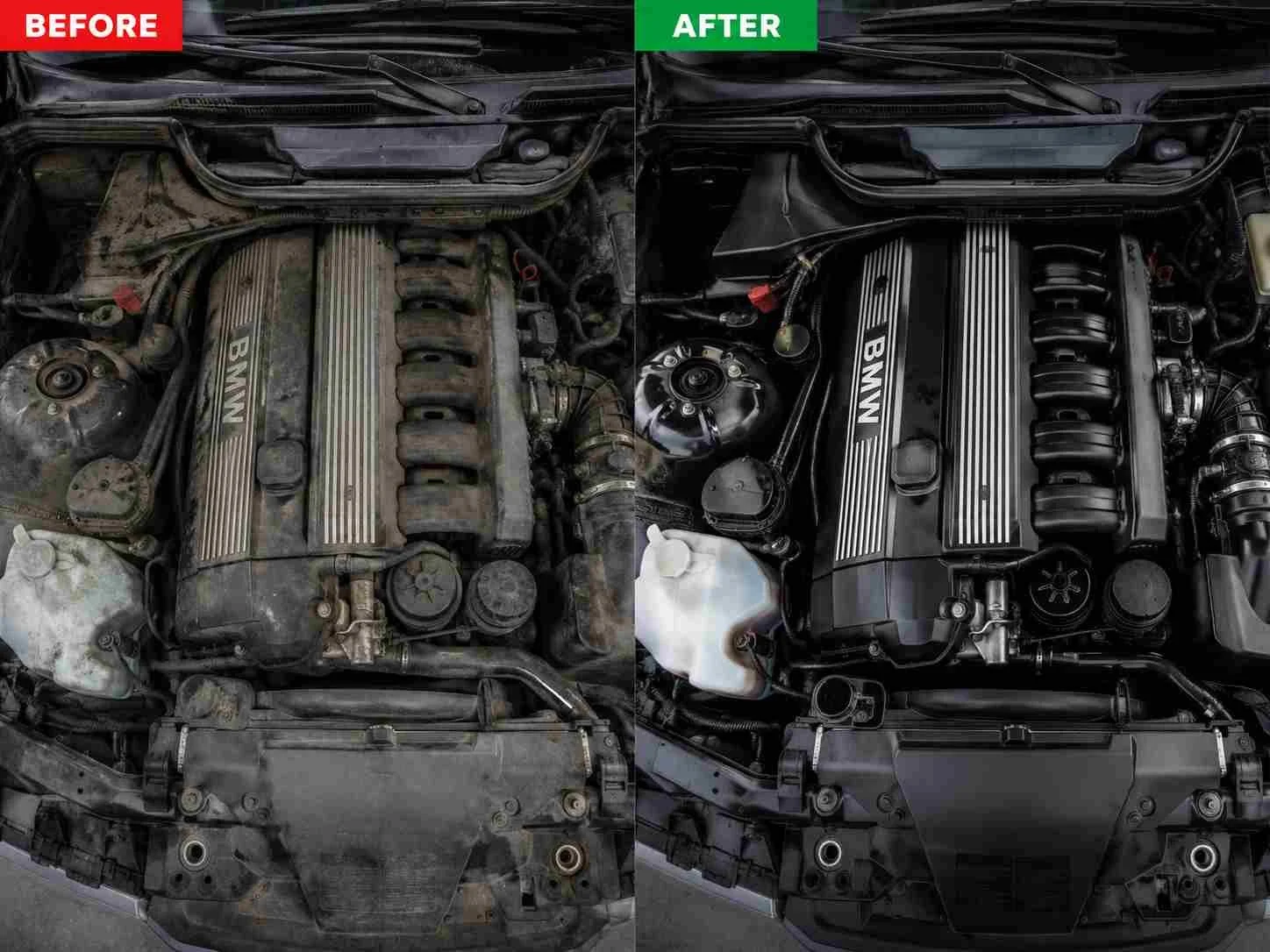 BMW engine bay overhaul before and after
