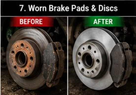 Worn brake pads and discs replaced