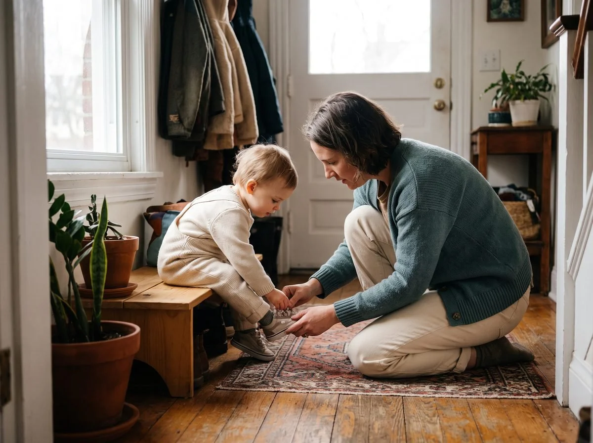 A parent kneeling to help a young child with a routine moment at home
