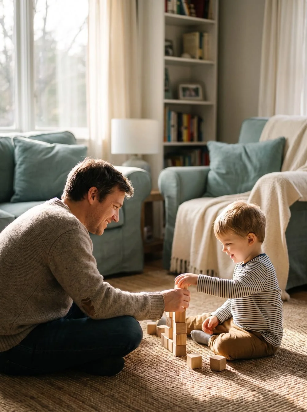 Father and young child playing with wooden blocks together at home