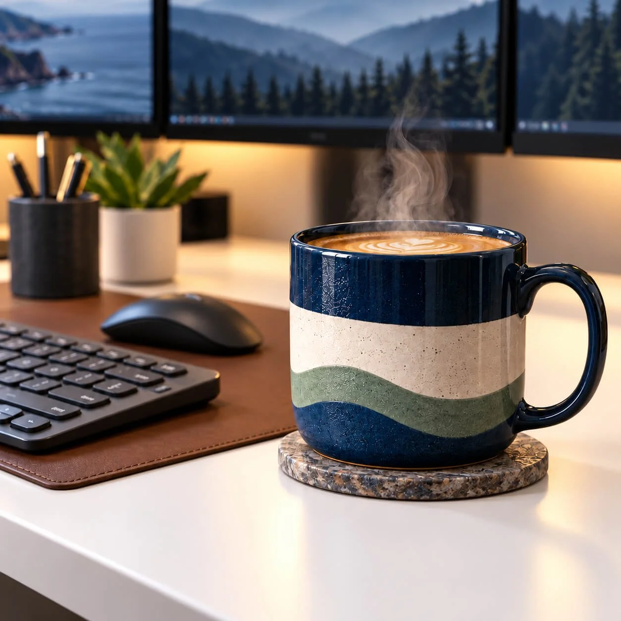 Steaming coffee on a desk