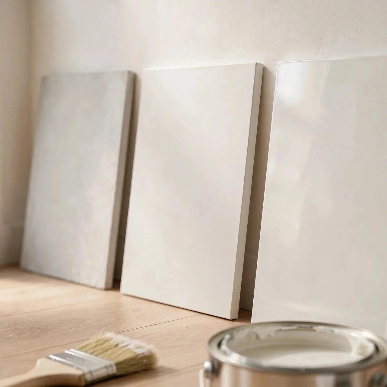 paint roller on wall with four sheen swatches labelled