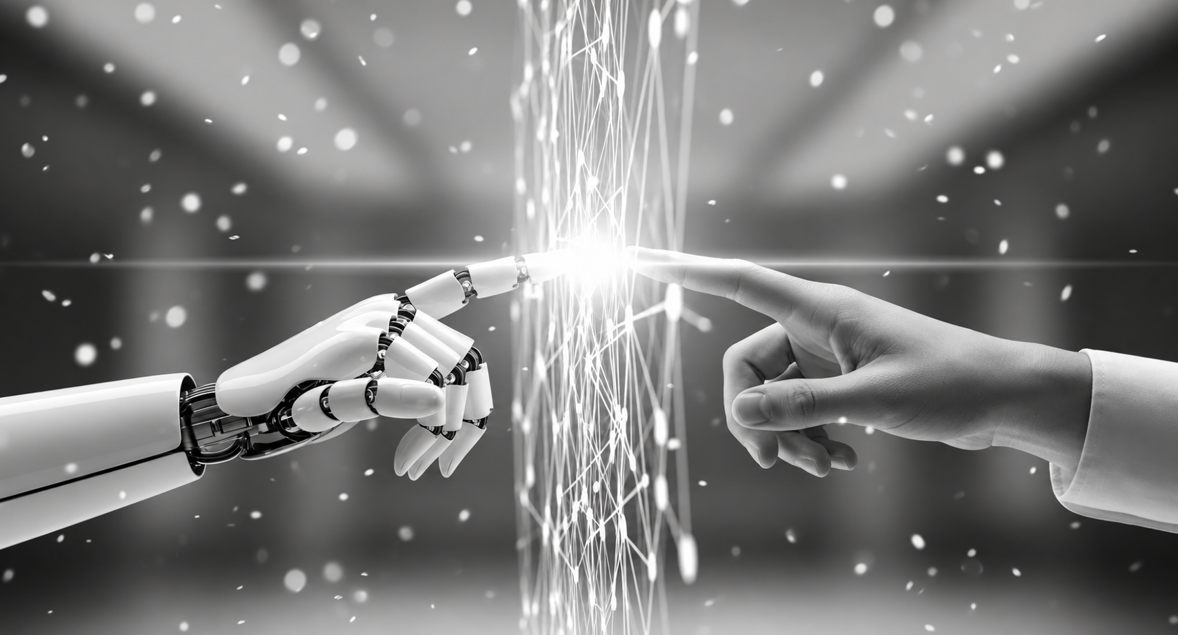 A robotic hand and a human hand touching across a digital network, in black and white