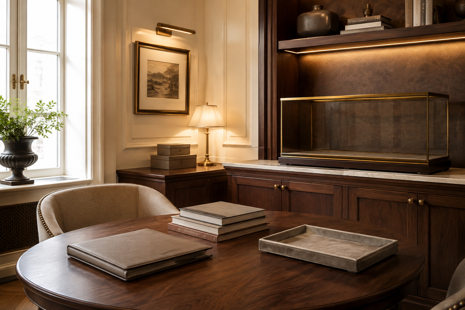 Private watch sourcing consultation space with warm ivory walls and walnut cabinetry.
