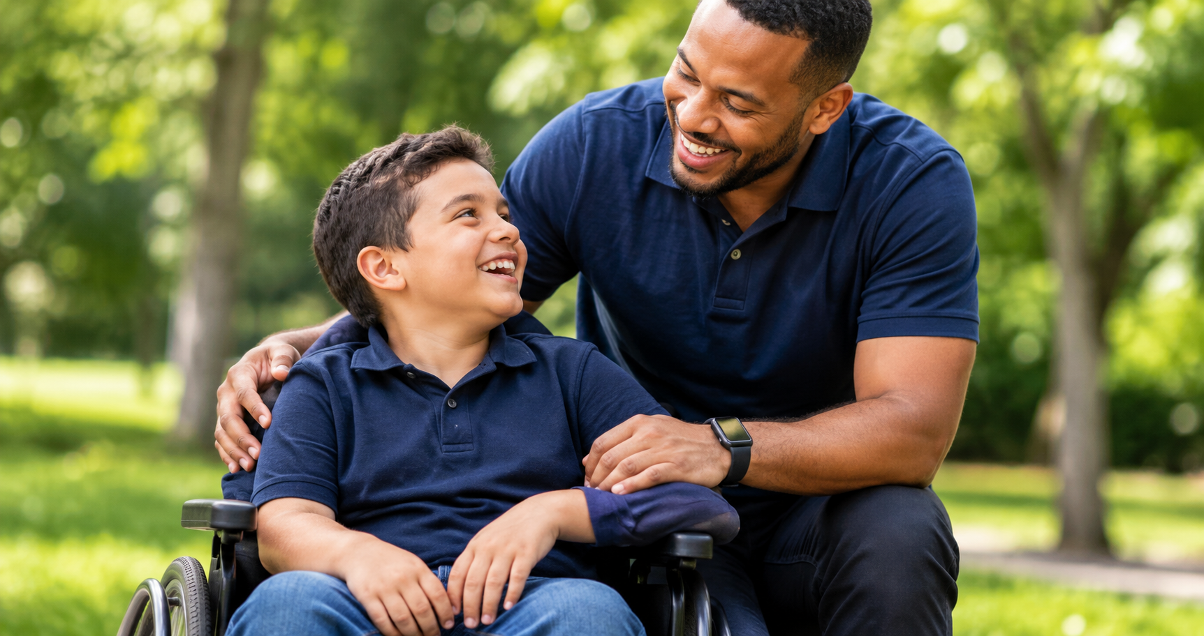 Support worker with adult in wheelchair outdoors