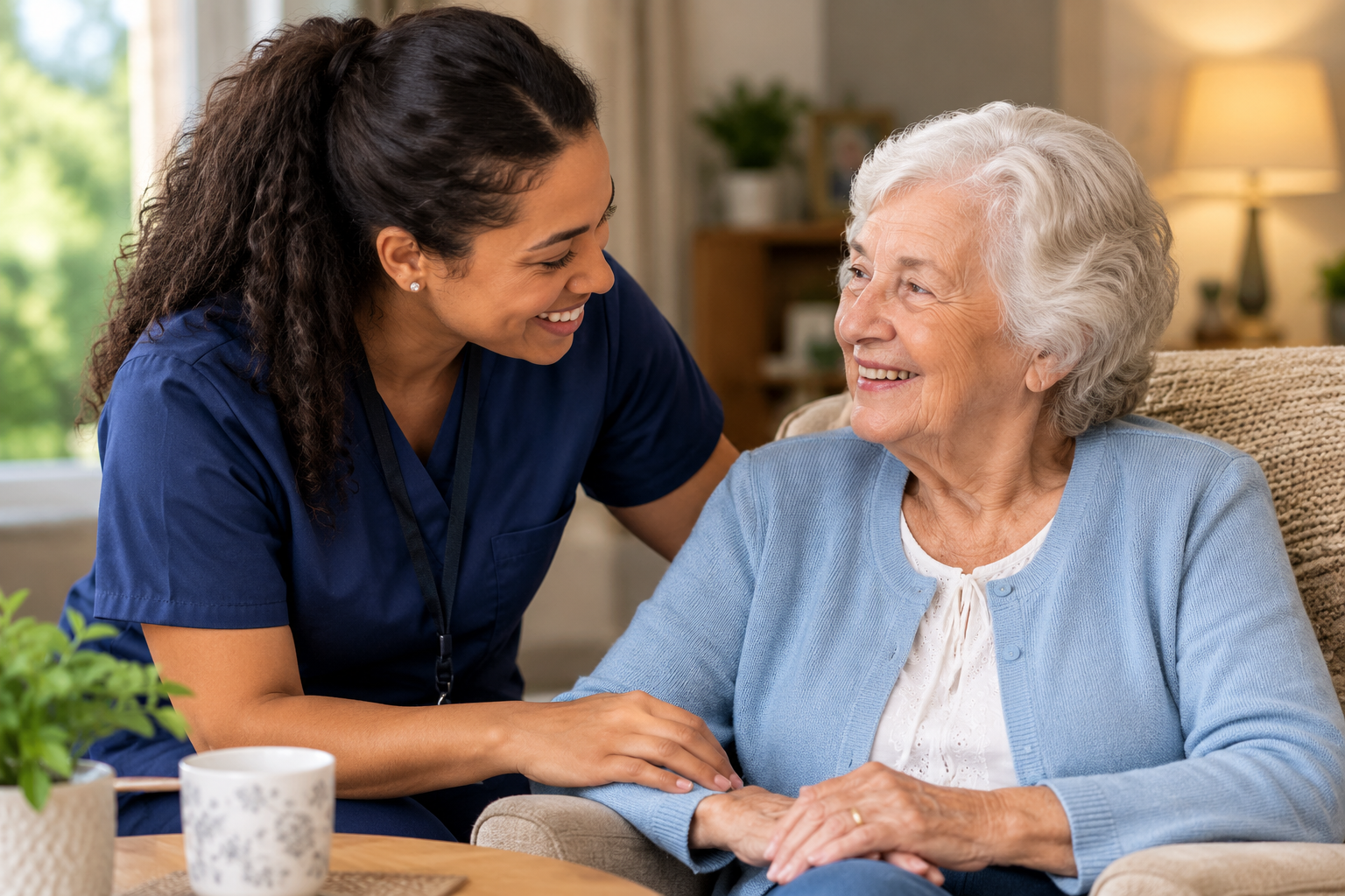 Carer with elderly woman sharing a warm moment