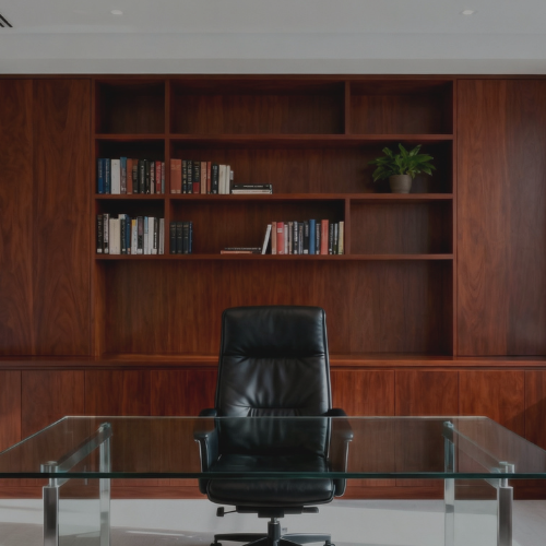 A modern office with glass desk and custom built in shelving in the background.