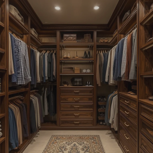 A walk in closet with custom built wooden shelving. Dark oak was used for the shelving and a lighter wood was used for the back.