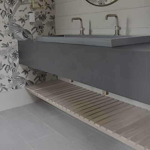 Light wood custom shelving we added to bathroom sink for a fully functional vanity