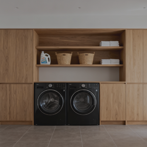 A modern laundry room with light wood shelving and cabinets that were custom made by us for the laundry room.