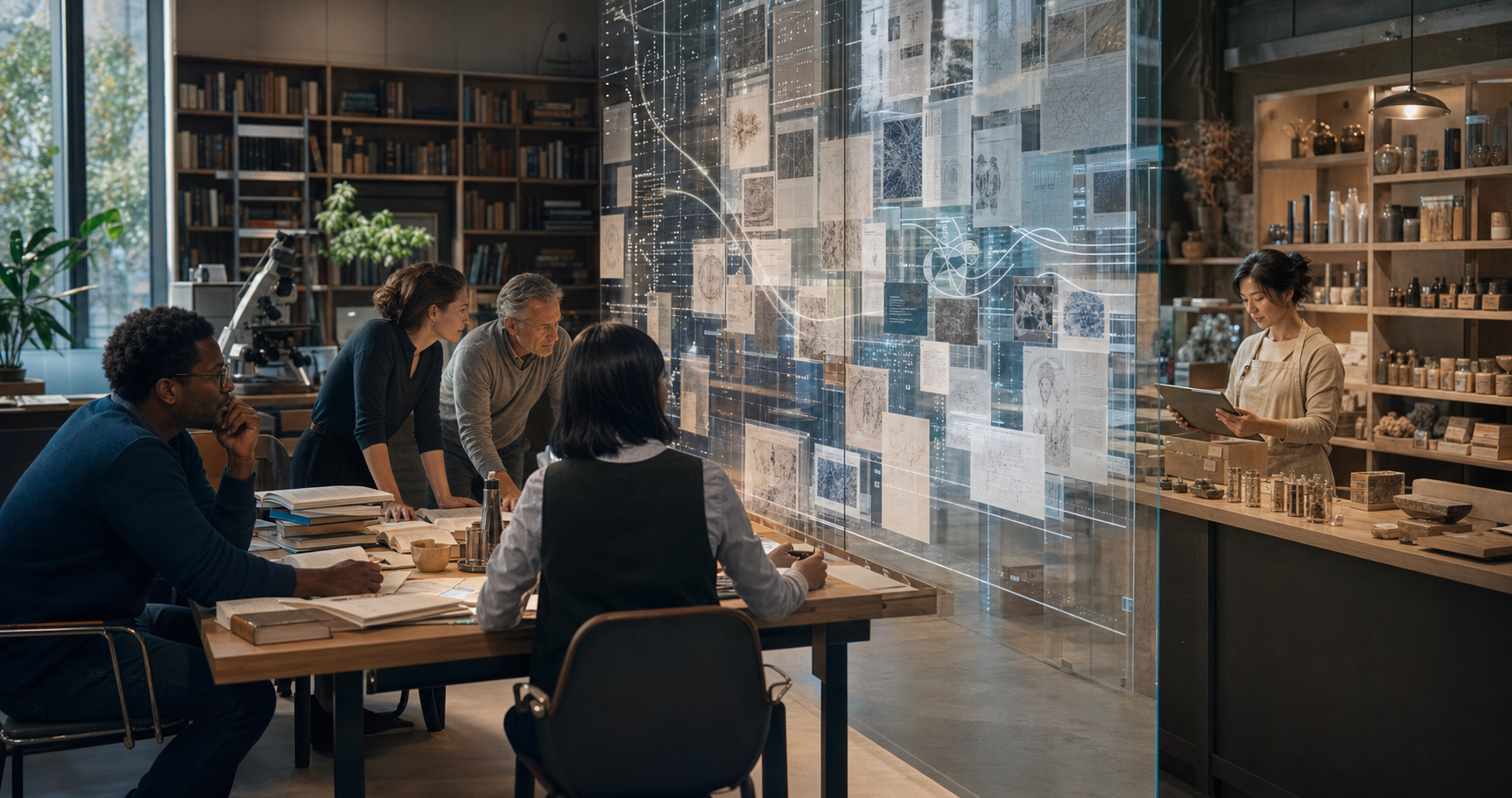 Researchers translate complex evidence through a transparent wall into a practical workflow for an independent shop owner