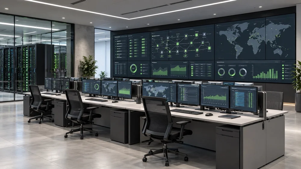 Conceptual enterprise IT operations centre with monitoring screens.