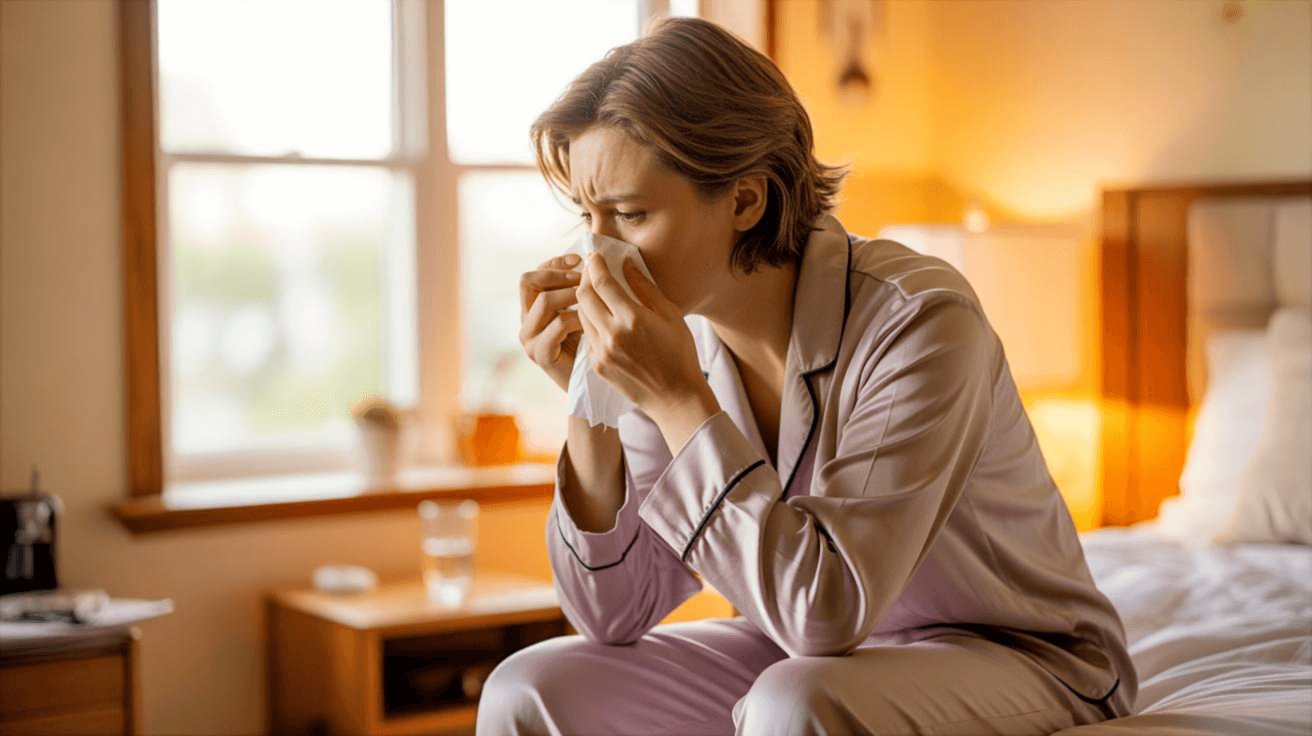 Person dealing with morning congestion at home