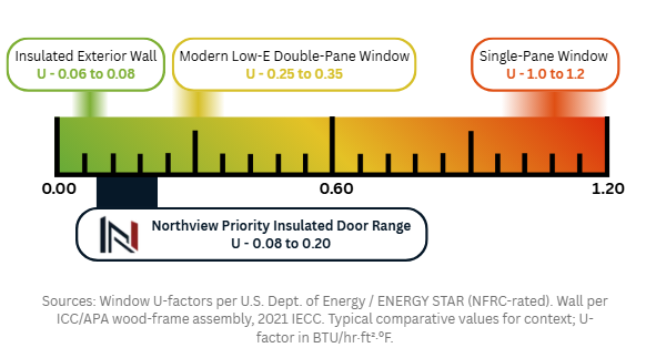 U-factor comparison scale showing an insulated exterior wall at U-0.06 to 0.08, a modern Low-E double-pane window at U-0.25 to 0.35, and a single-pane window at U-1.0 to 1.2, with the Northview insulated door range at U-0.08 to 0.20 sitting between the wall and the double-pane window.