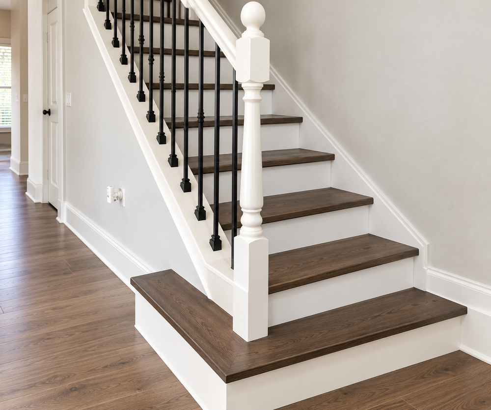 Custom hardwood stair style with dark stained treads, white risers and iron balusters