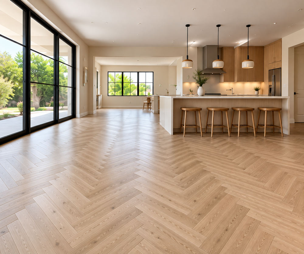 Herringbone hardwood flooring style in an open kitchen and living space