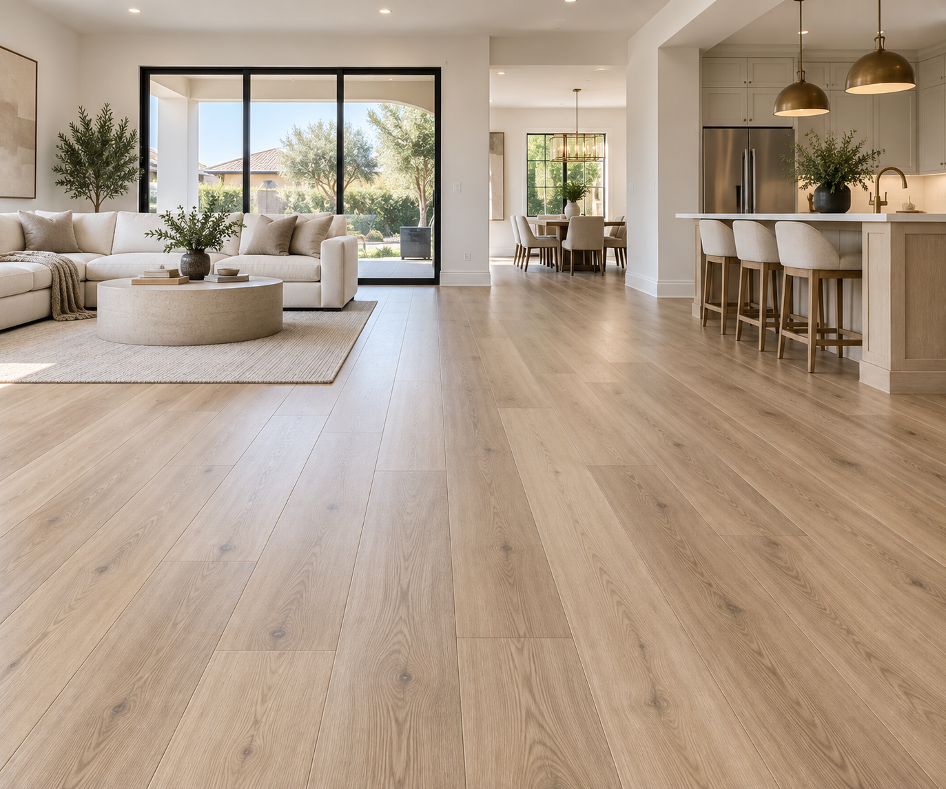 Wide-plank SPC flooring style through an open living room, dining area and kitchen