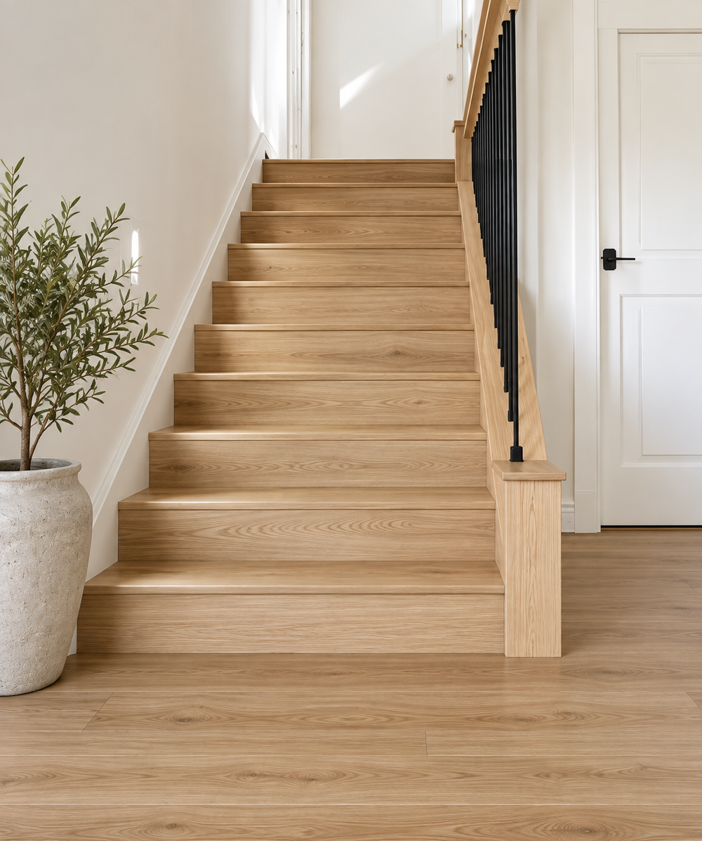 Natural oak stair style with black metal balusters beside wood plank flooring