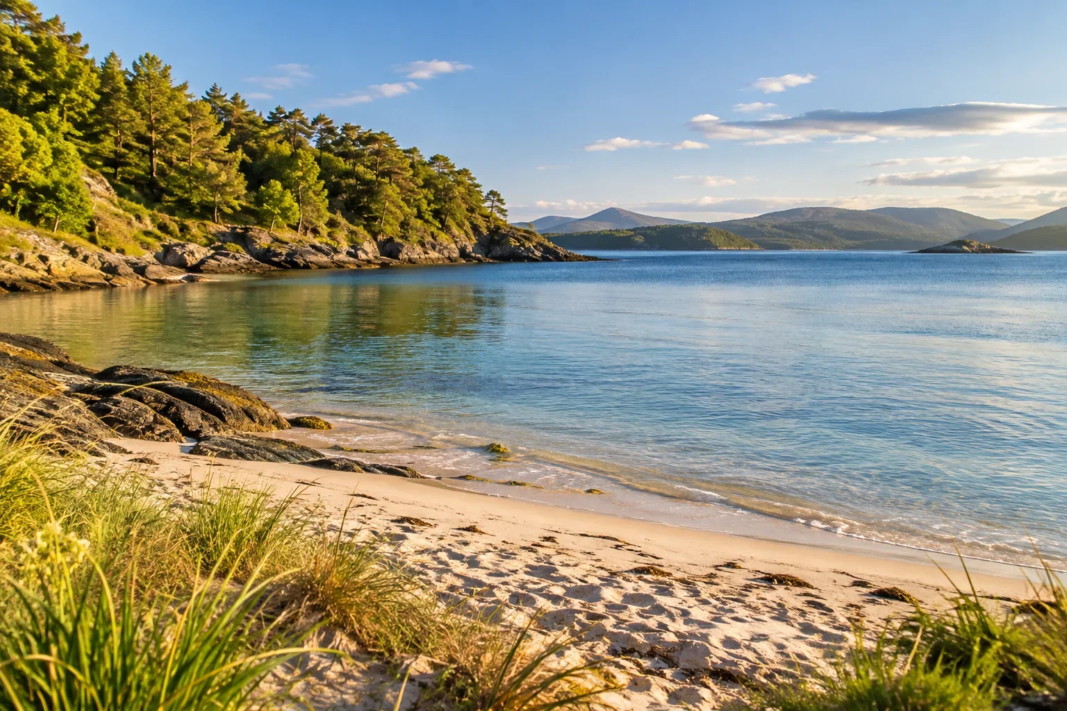 A sunlit sandy shore beside calm water, a wooded headland and distant hills.