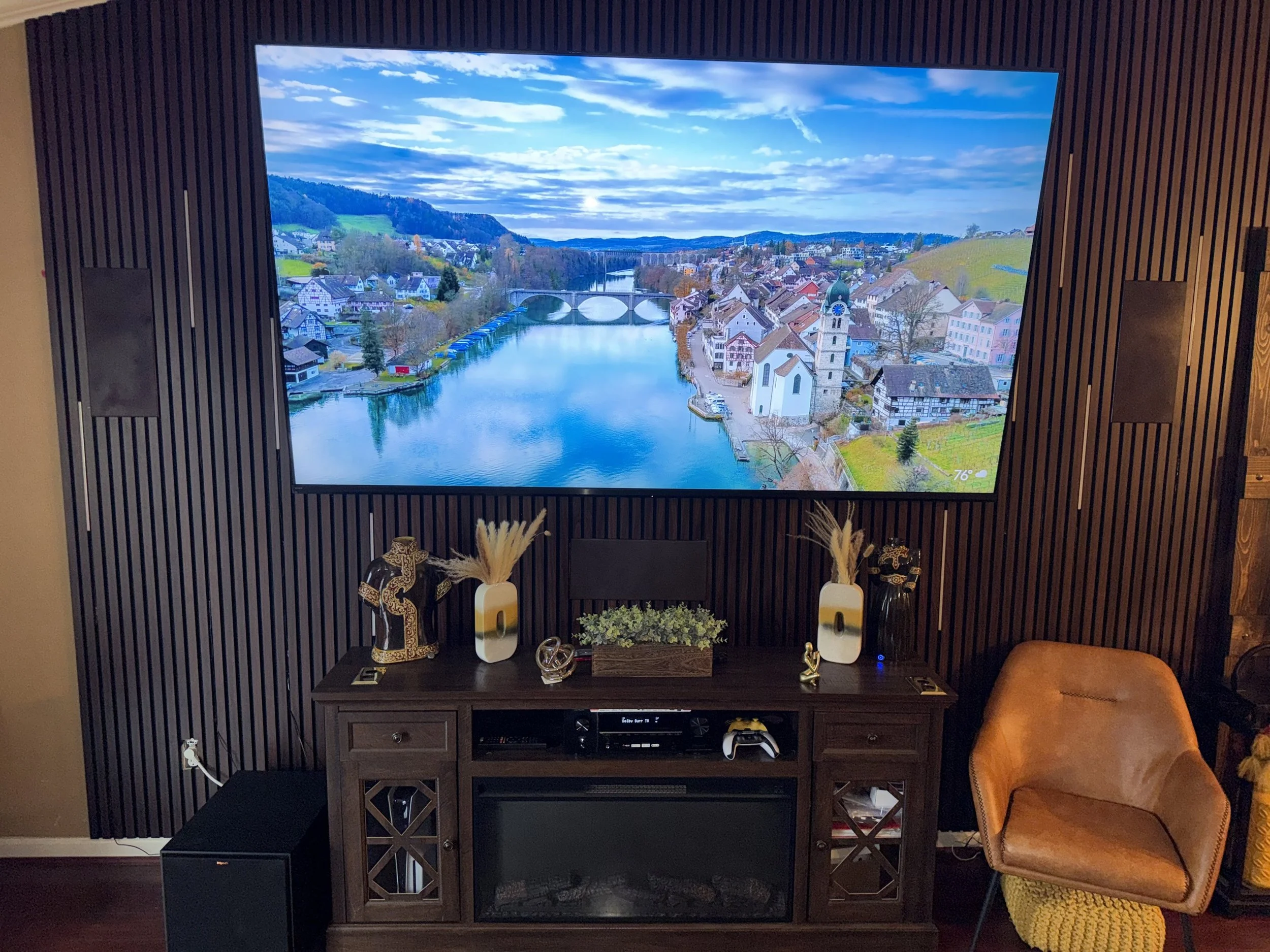 Completed front media wall with accent lighting switched off