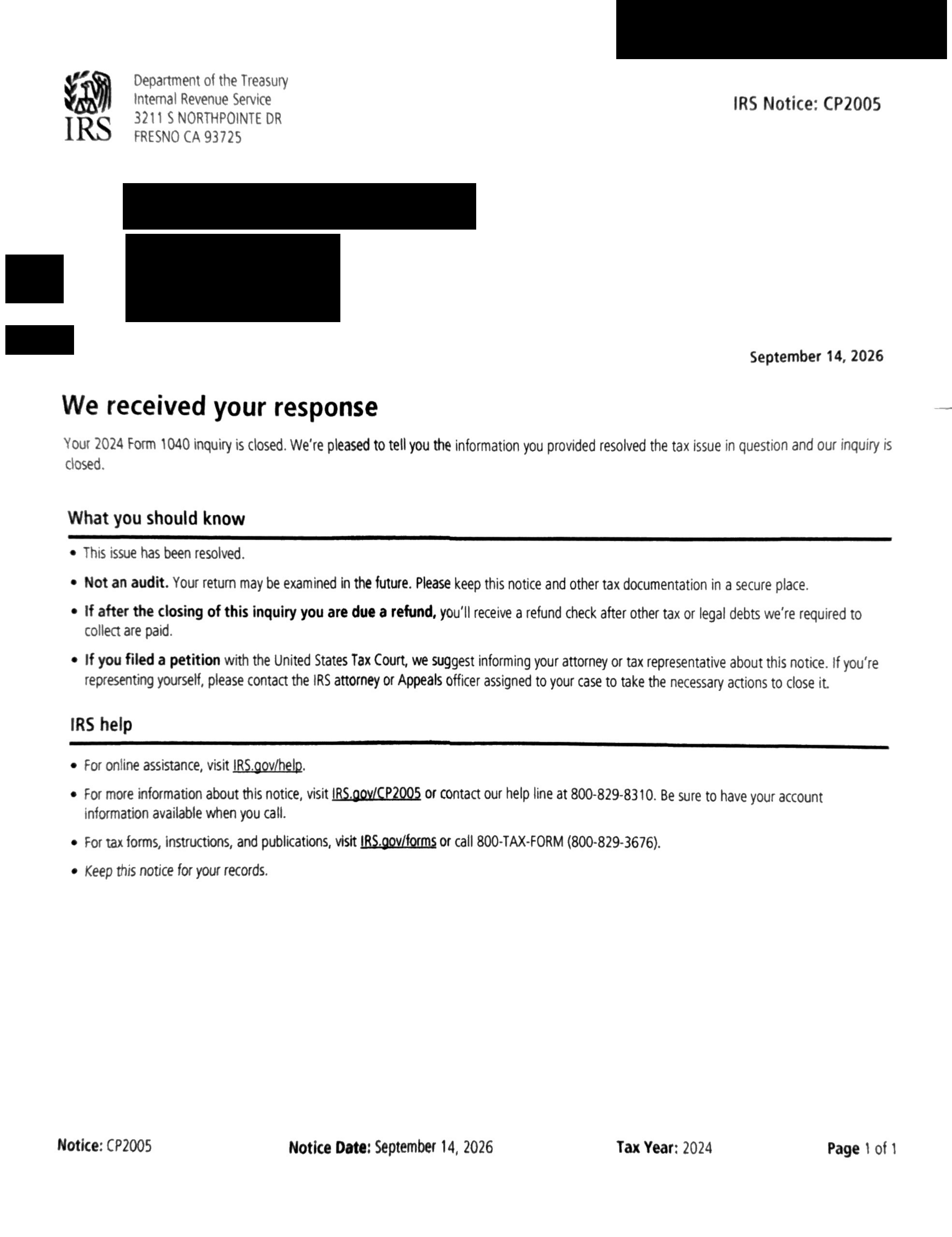 Redacted actual IRS CP2005 stating the inquiry is closed with no change