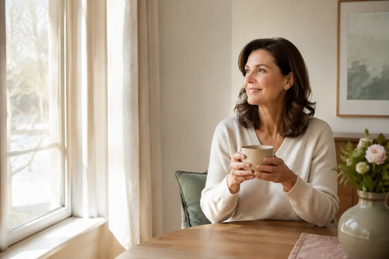 Woman relaxing at home with morning tea