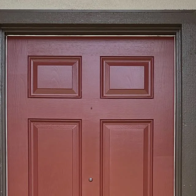 Before and after of a front door in Signal Hill, CA painted Shaker Red