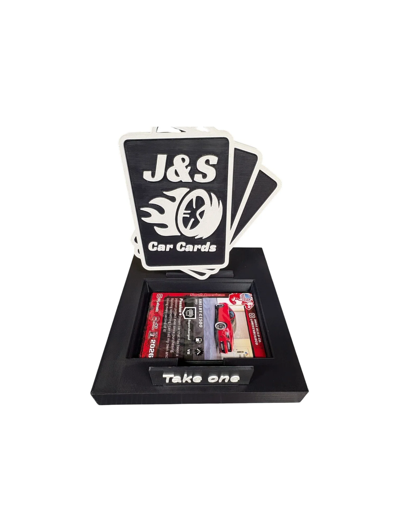 Custom ASA 3D printed J&S Car Cards countertop take-one display holder built for outdoor trade-show use