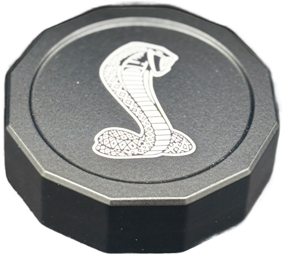 Matched billet brake and clutch reservoir caps, Mustang engine bay