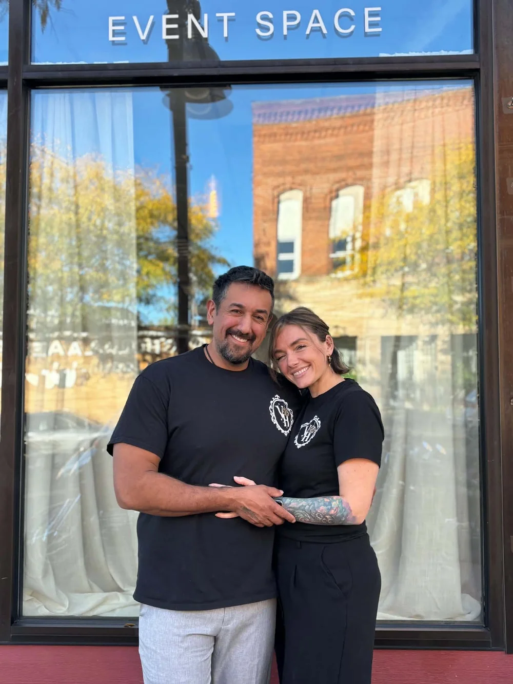 Amanda and Eric smiling together outside St. Croix Vow House