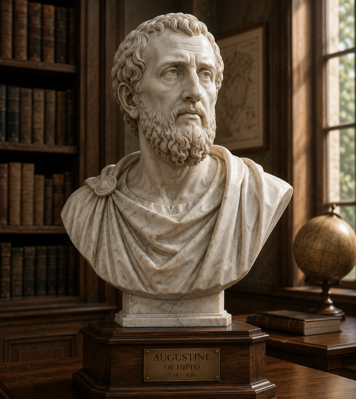 Marble bust representing Augustine of Hippo displayed in a warm scholarly library with antique books and a small globe, symbolizing wisdom, reflection, and the intellectual foundations of Virtù House.