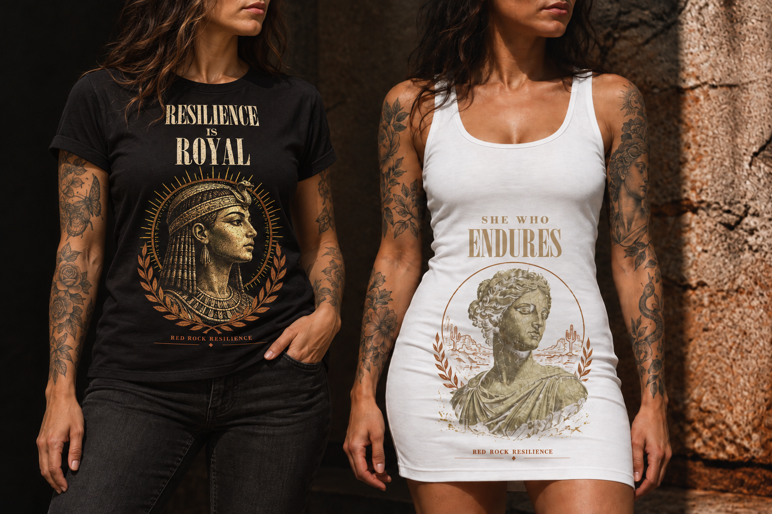 Two tattooed models wearing the Cleopatra shirt and She Who Endures dress