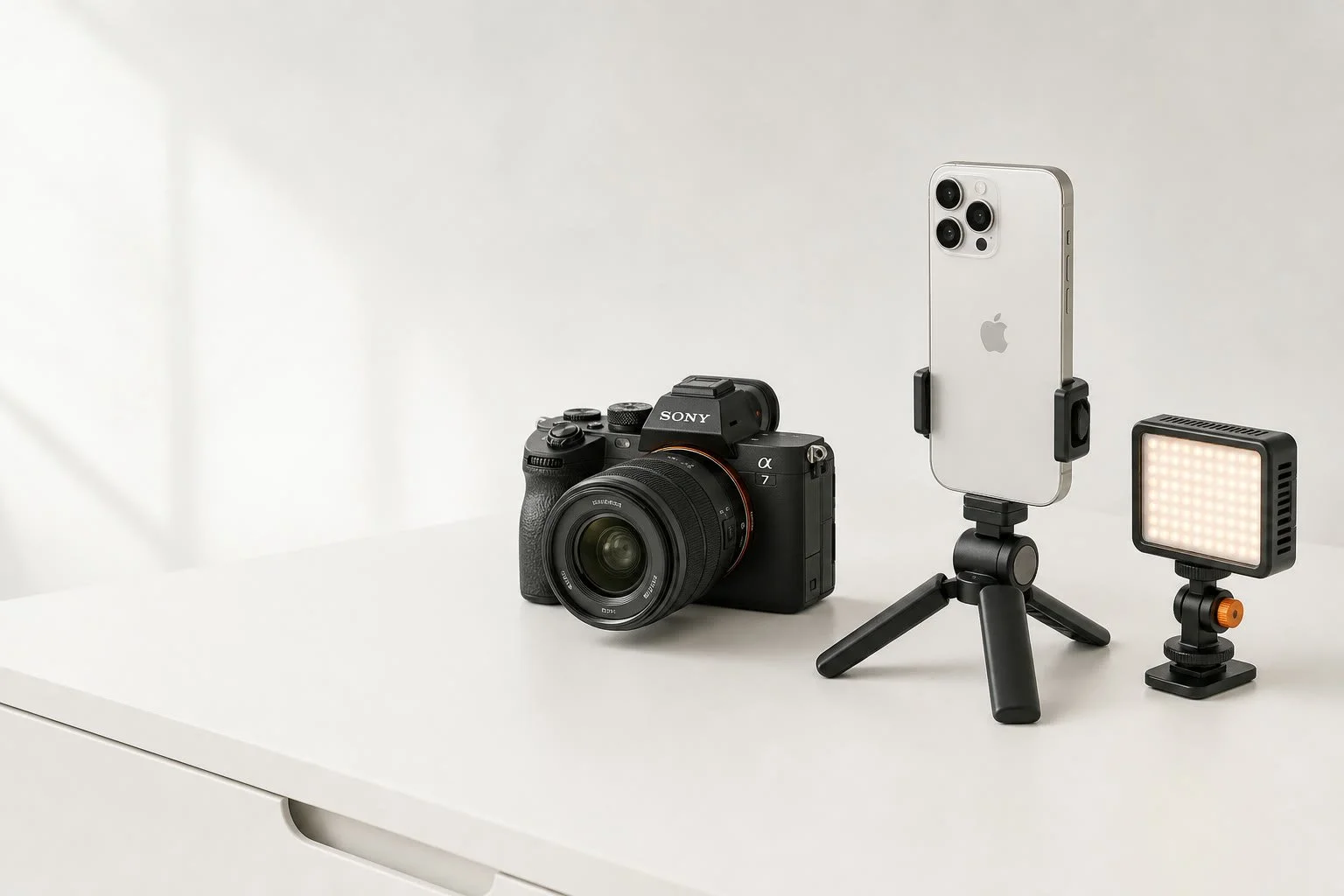 Sony A7 IV, iPhone e luce LED su una scrivania bianca luminosa