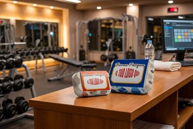 La confezione personalizzata alla reception di una palestra