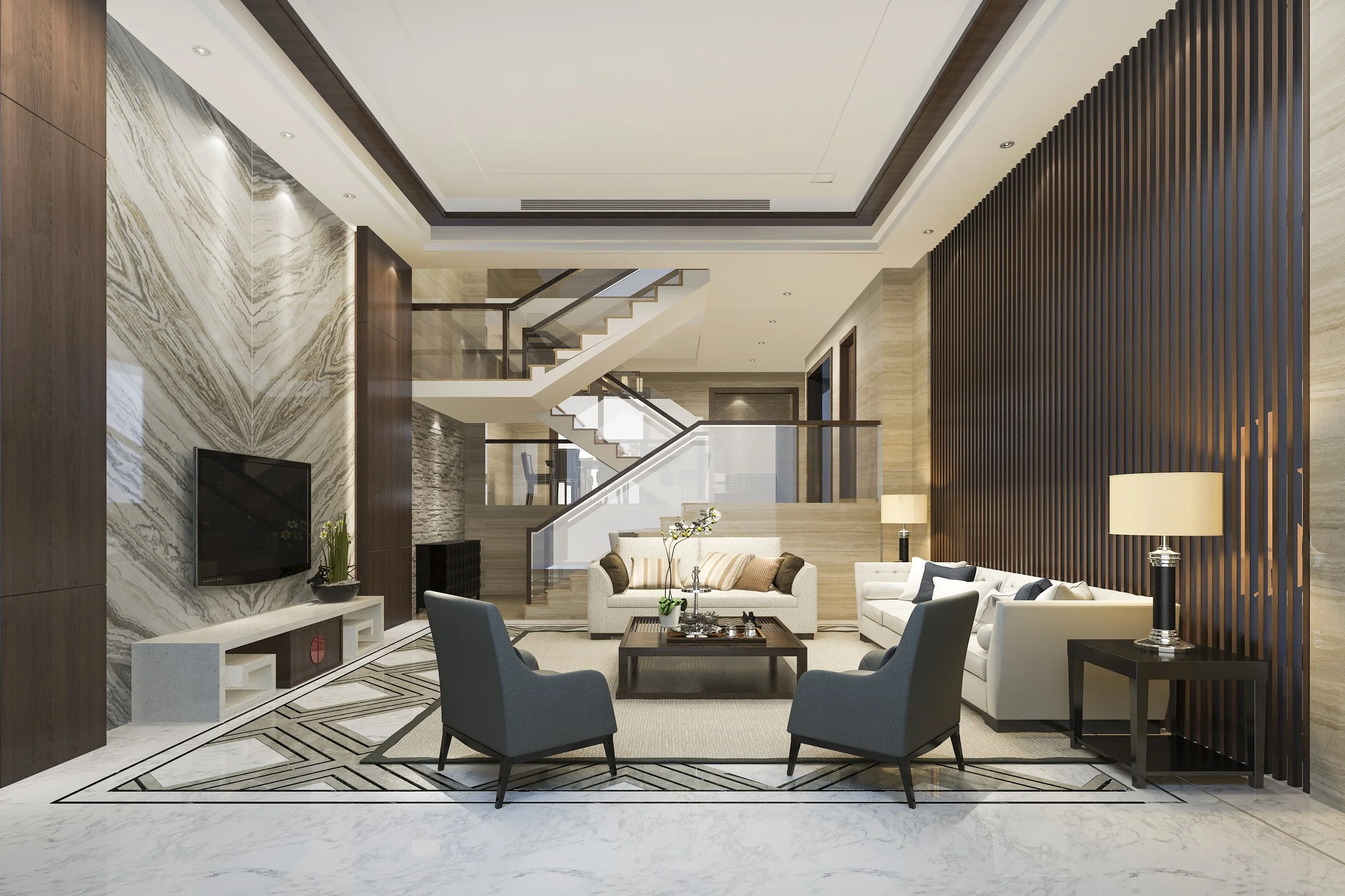 Luxury residential kitchen with marble and wood finishes