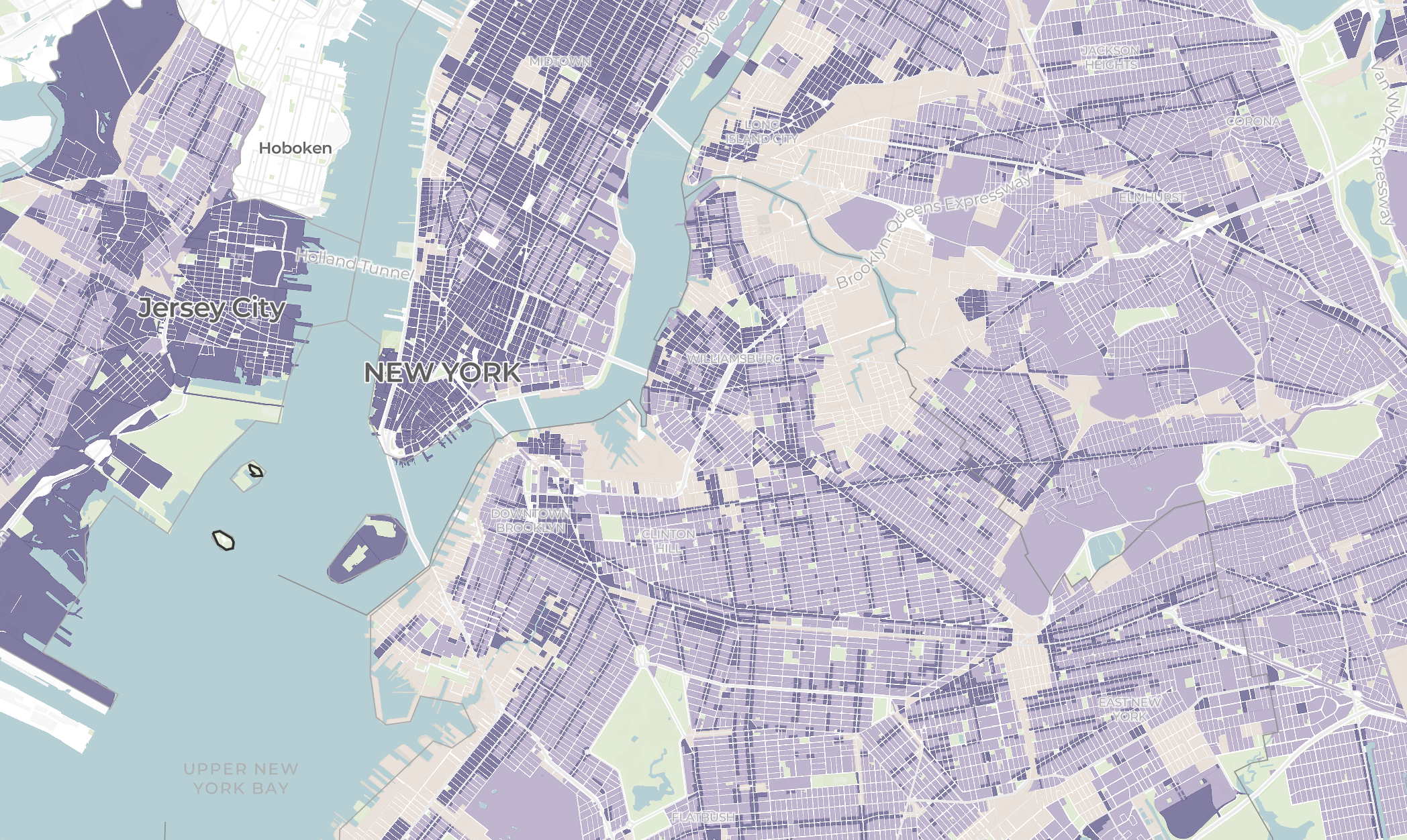 National Zoning Atlas map of New York City showing continuous, parcel-accurate zoning districts