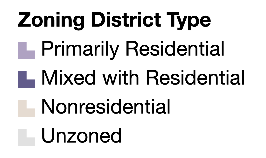 Key: primarily residential, mixed with residential, nonresidential, unzoned