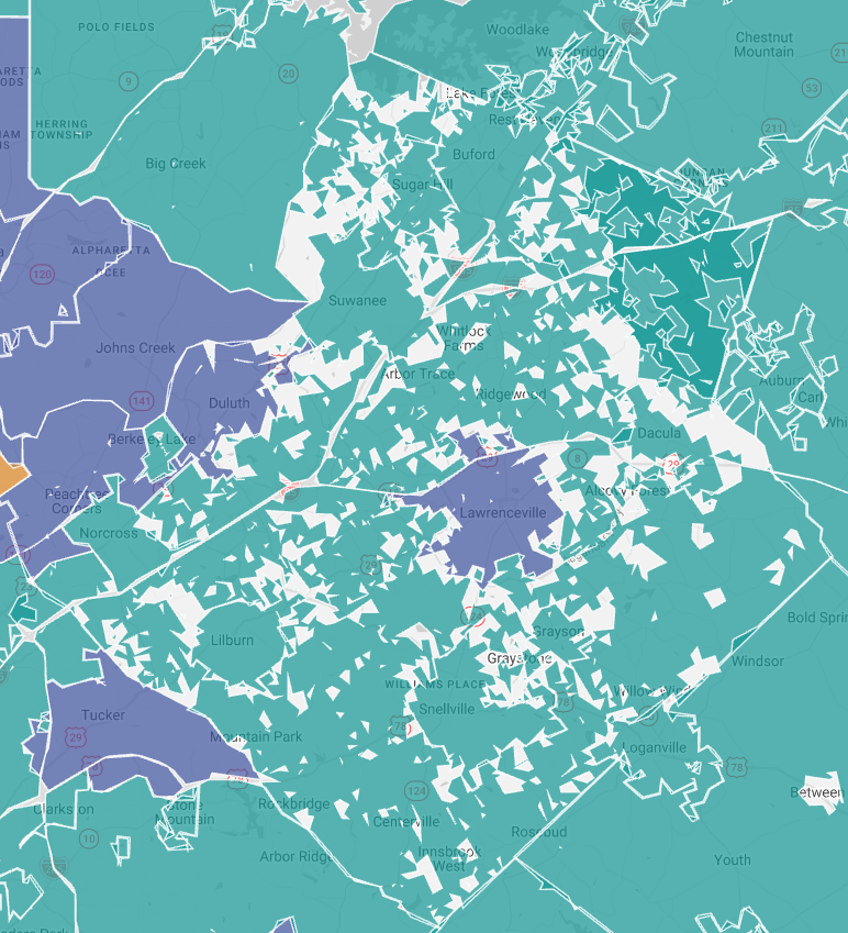 Zoning map from another provider showing fragmented districts with gaps between boundaries