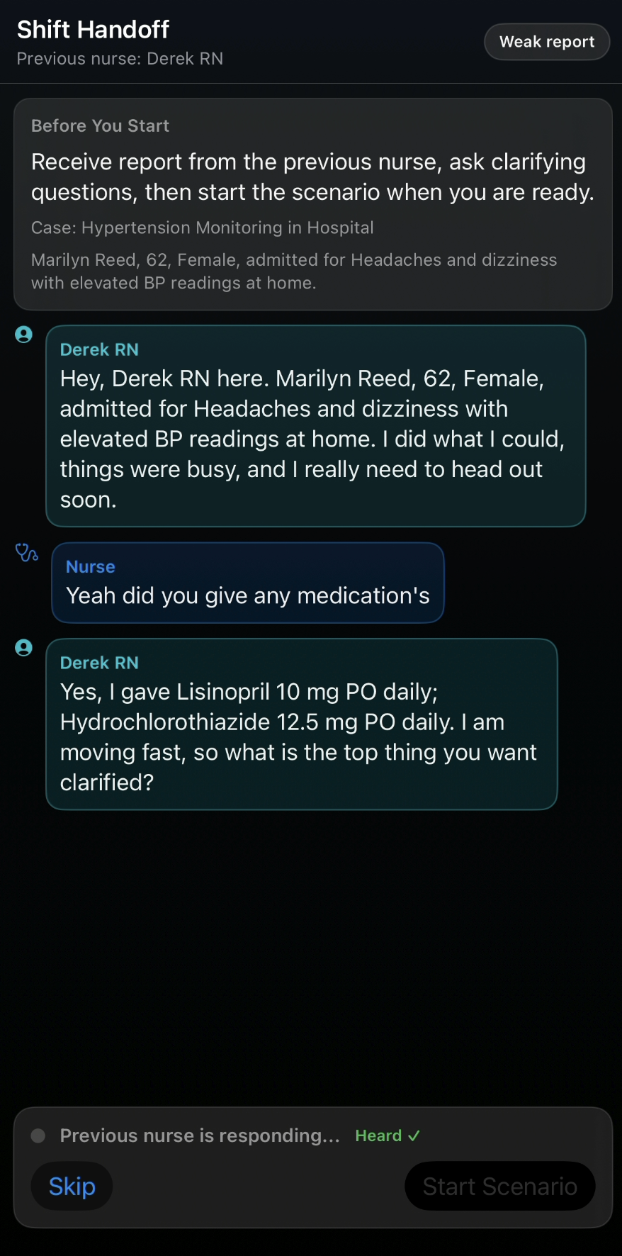 SBAR handoff conversation before the scenario begins in Bedside Coach