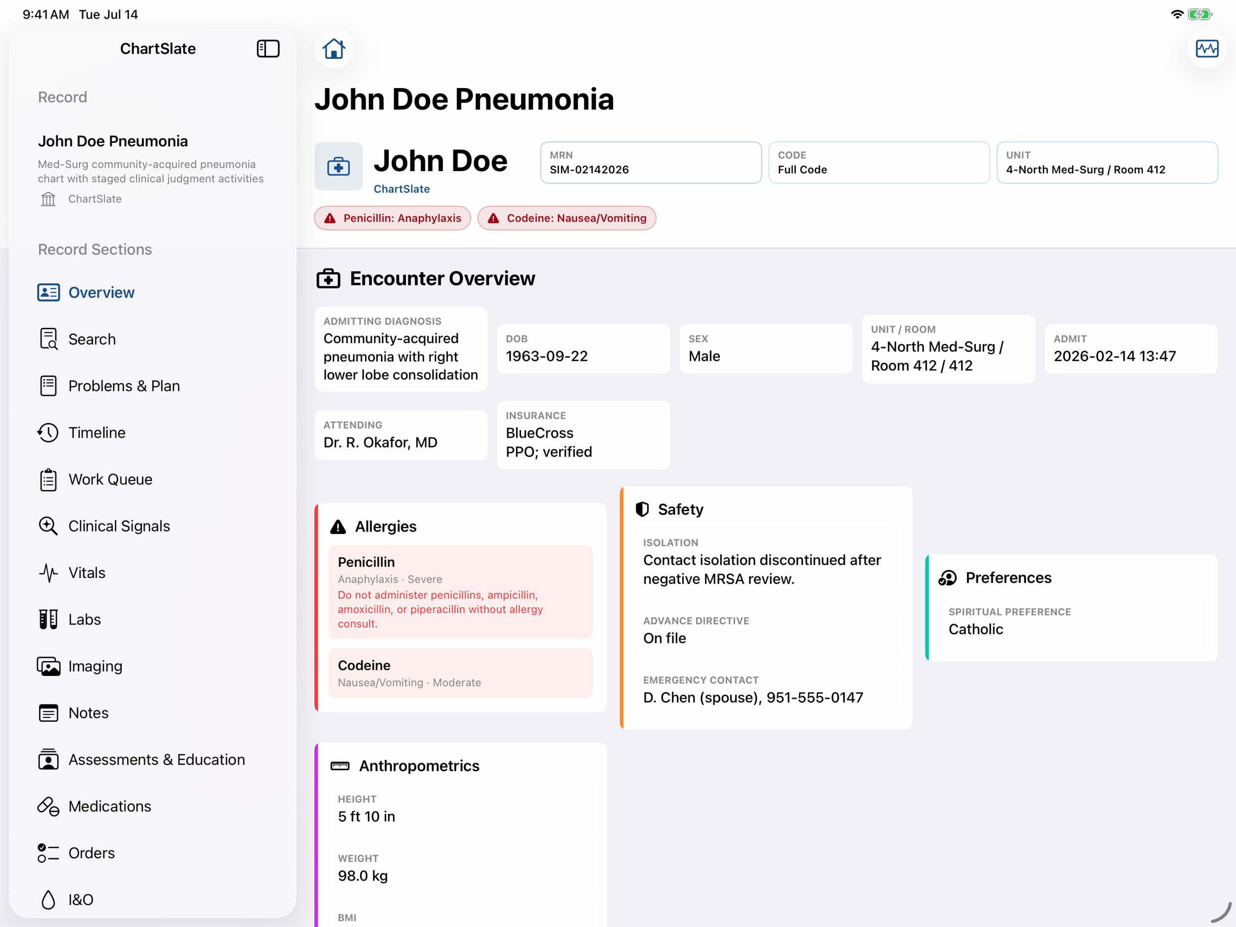 ChartSlate realistic simulated EHR overview on iPad