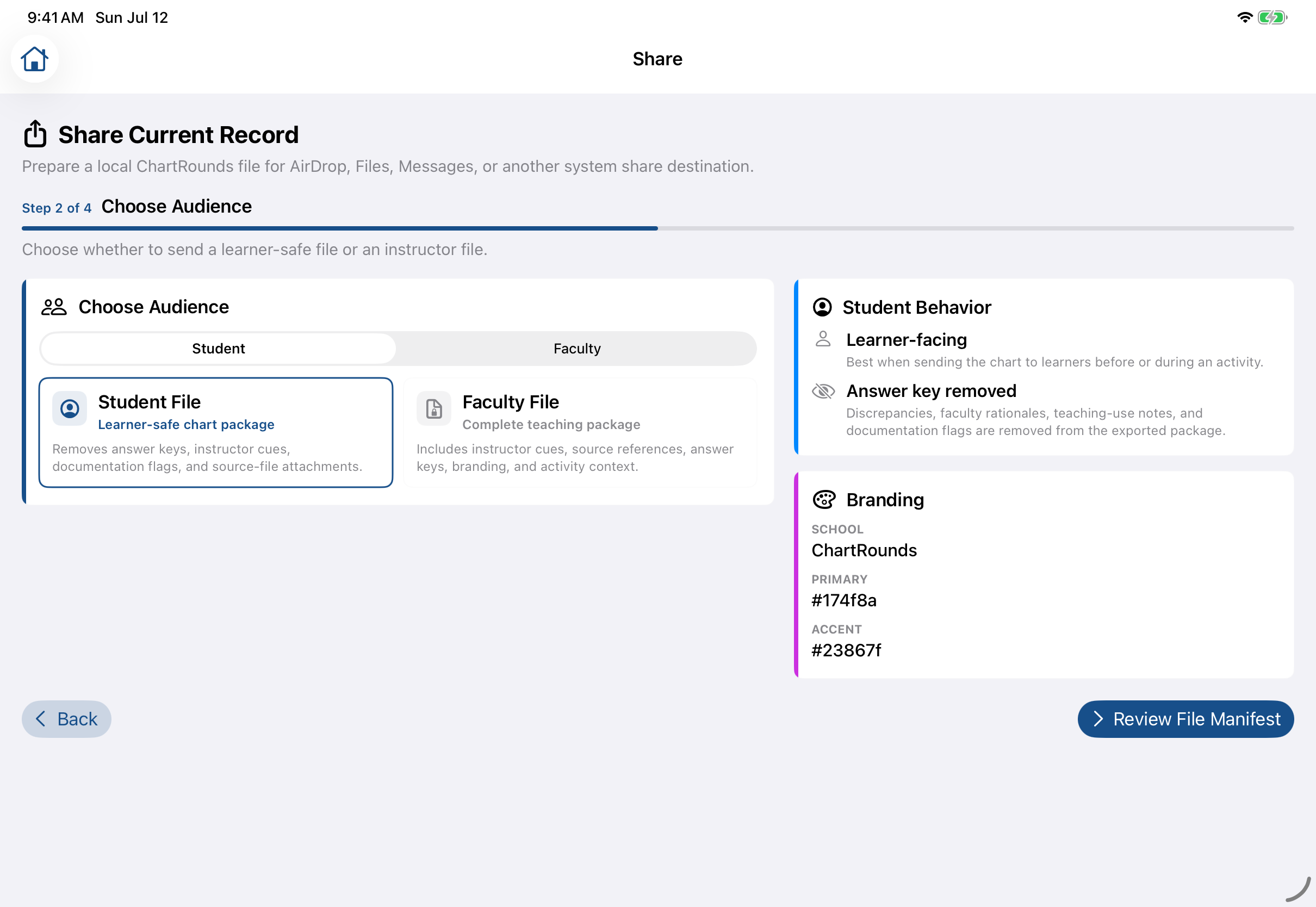 ChartRounds Student Safe and Full Instructor export options