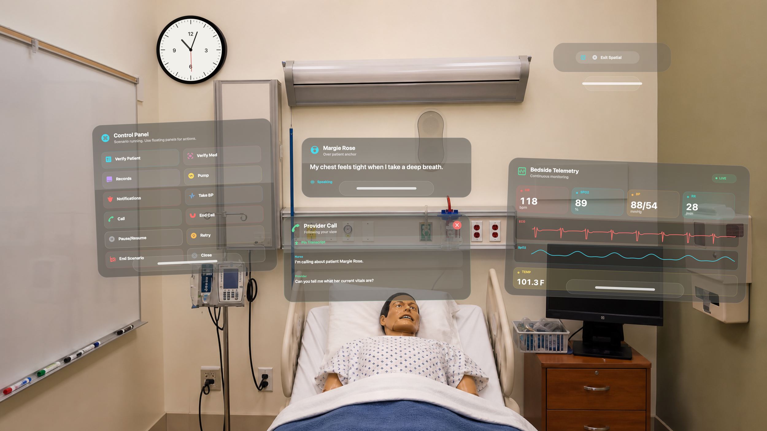 Bedside Coach spatial bedside simulation running on Apple Vision Pro