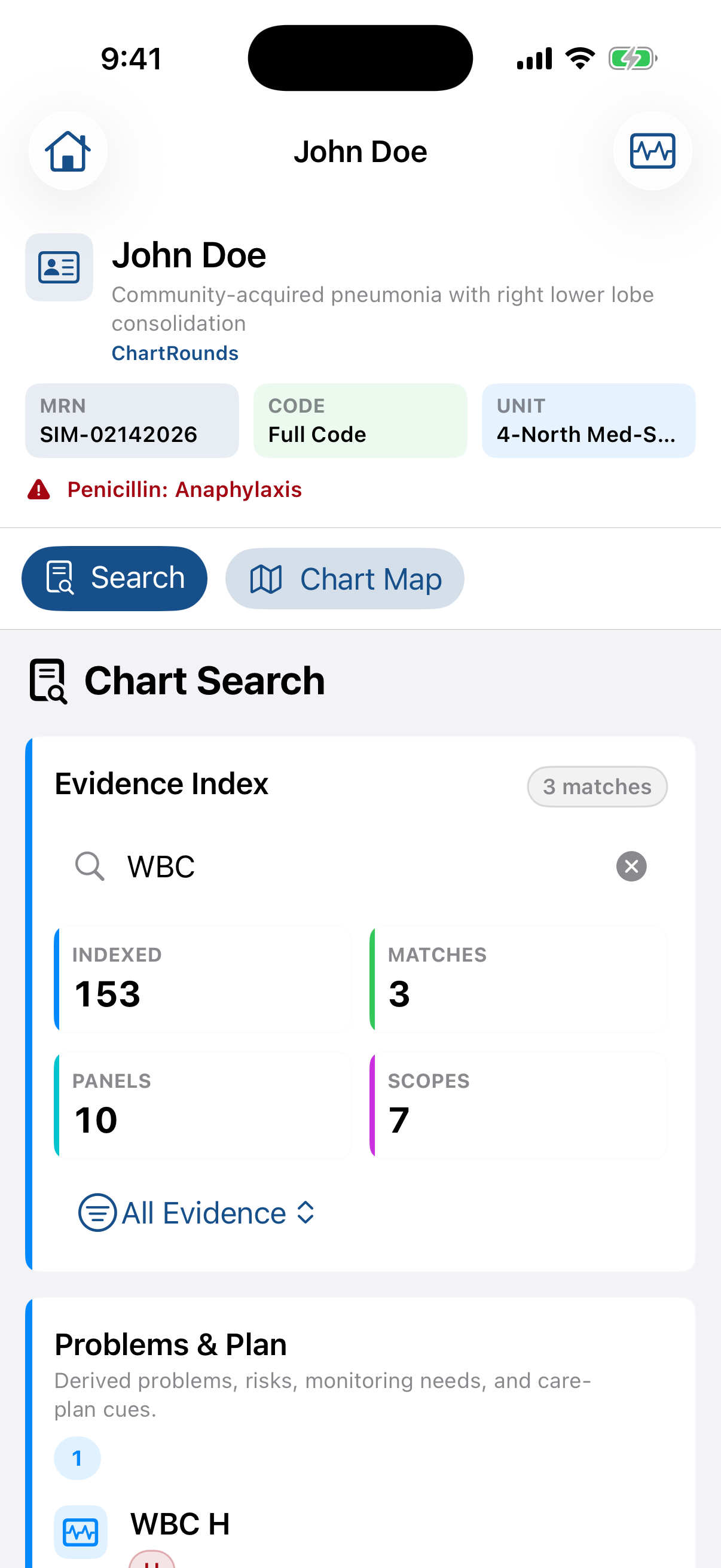 Learner searching a simulated patient chart in ChartRounds on iPhone