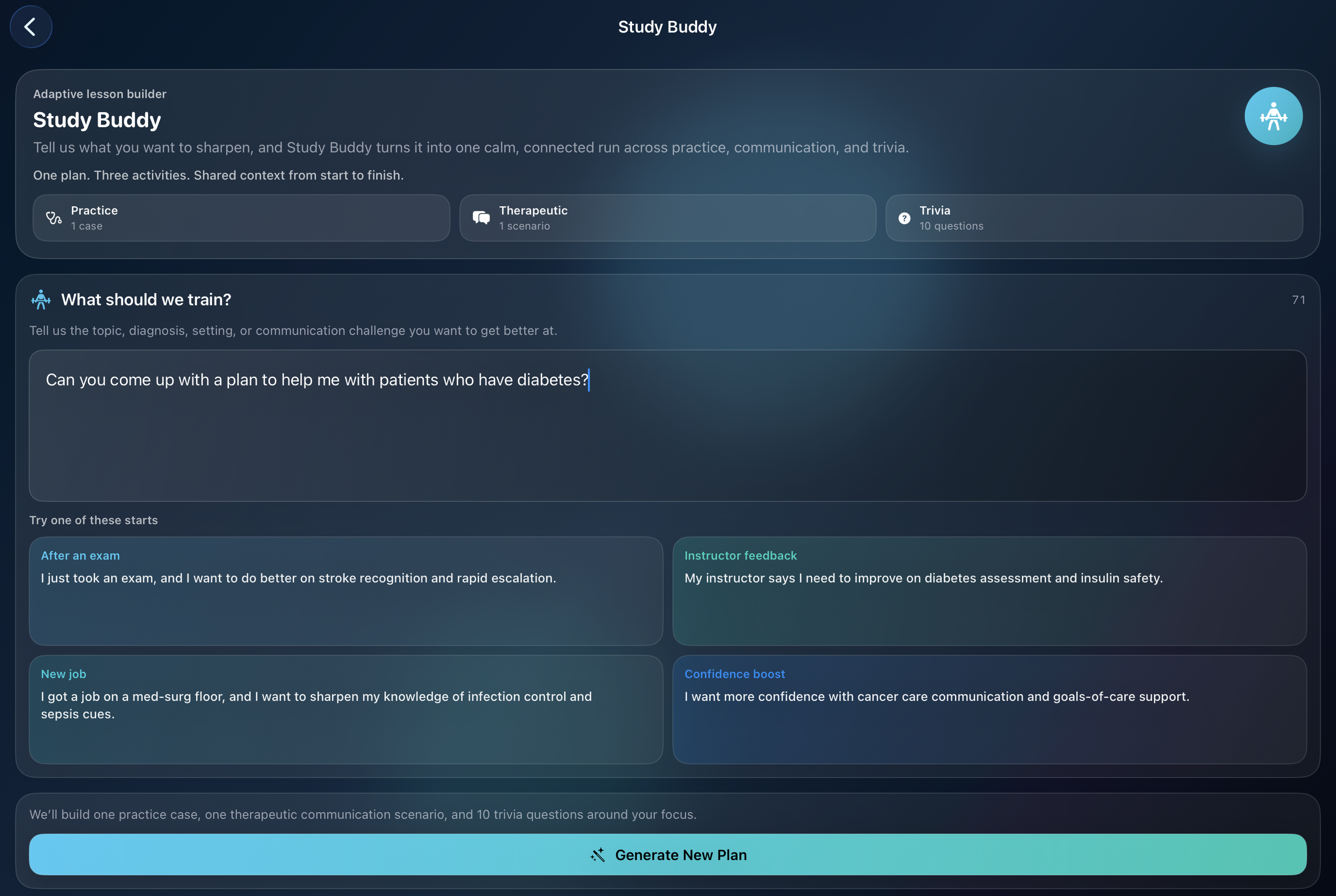Study Buddy screen showing a connected nursing study session