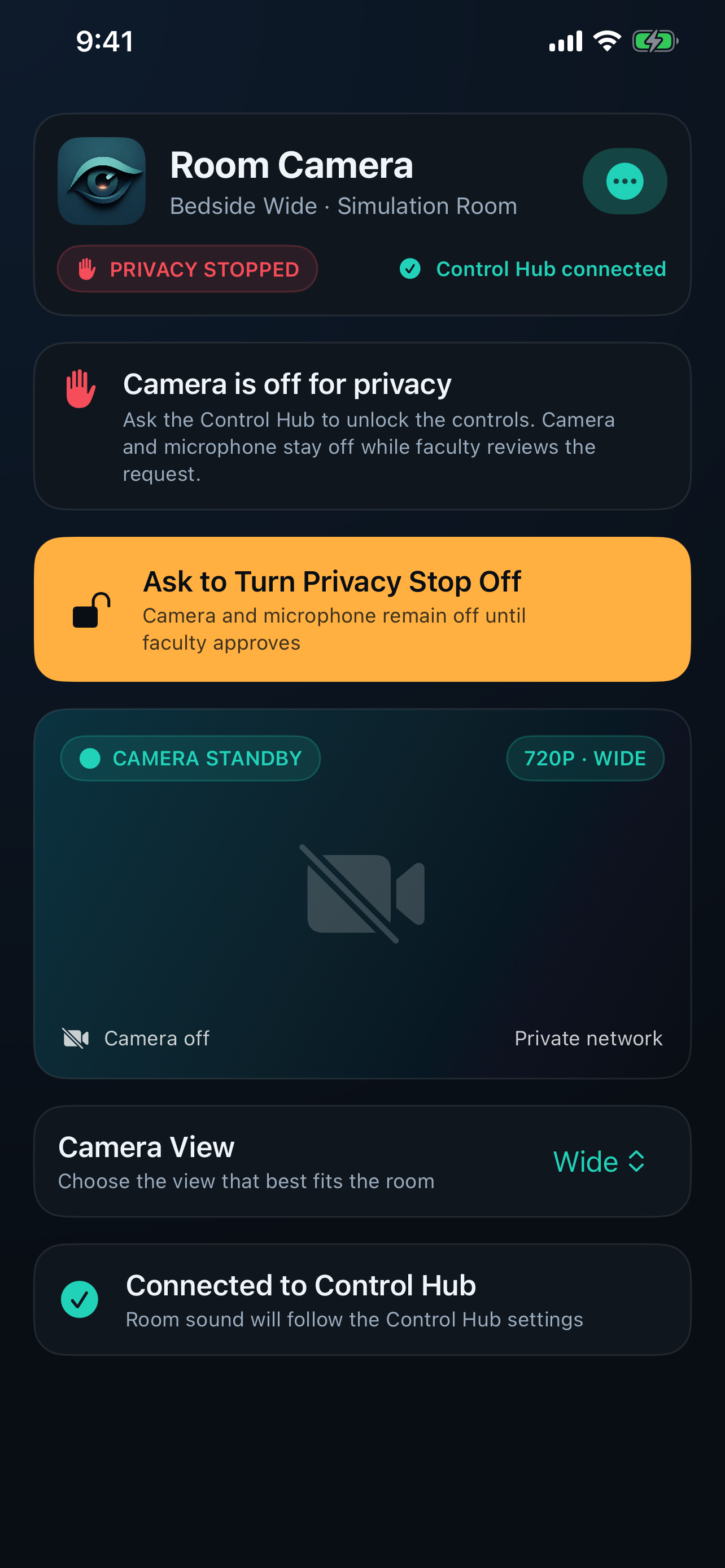 Privacy Stop controls in the Sibyl Sim iPhone camera role