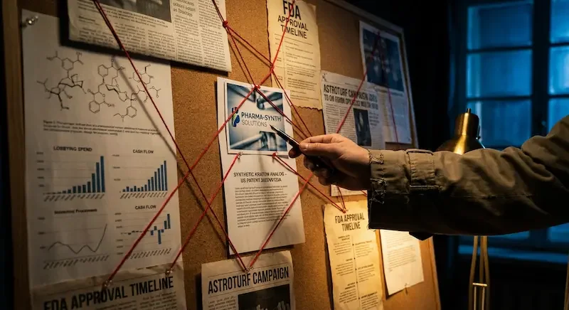 Investigation evidence board showing pharmaceutical corruption