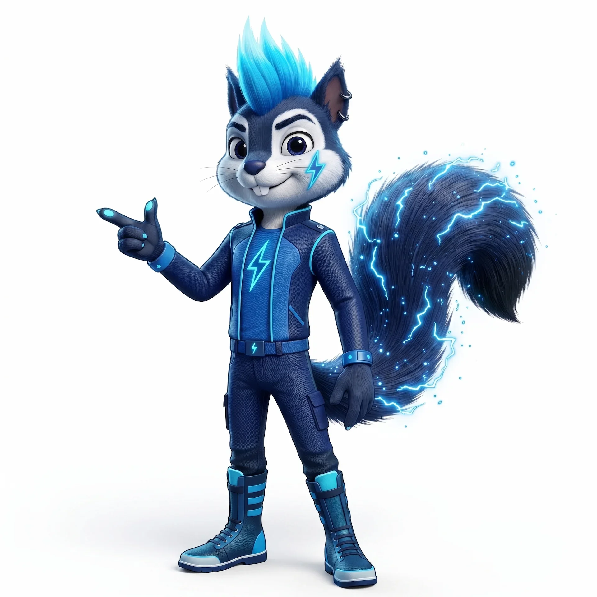 E the Electric Squirrel, mascot of Ready EV Now, pointing toward the form below
